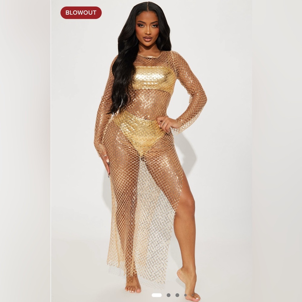 Fashion Nova Stella Gold Sequin Mesh Swim Cover-Up Dress 2XL NWT